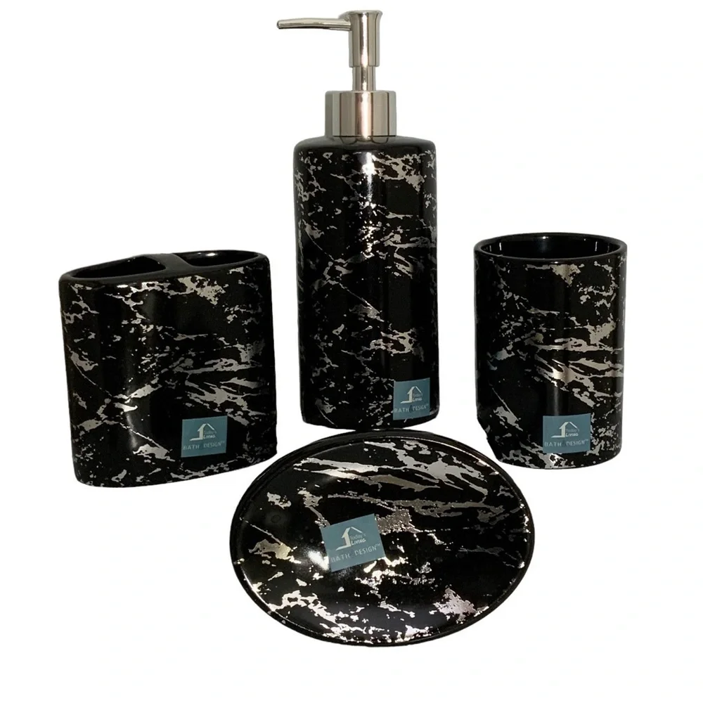 Today’s Living Black Metallic Marble Bathroom Accessories Ceramic Black Silver